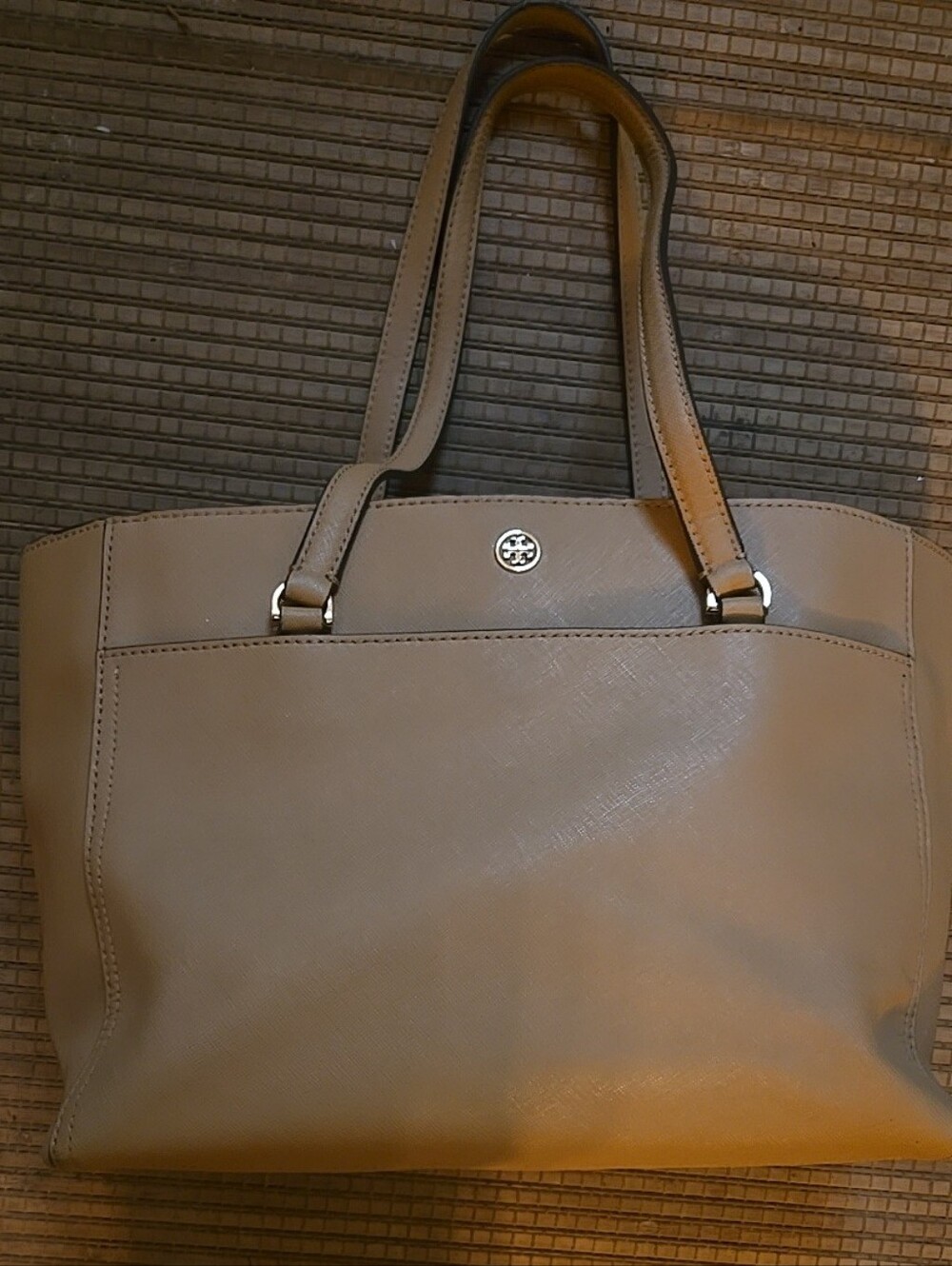 Tory Burch Tan Tote Bag Double Handles Gold Hardware Zipper Women's